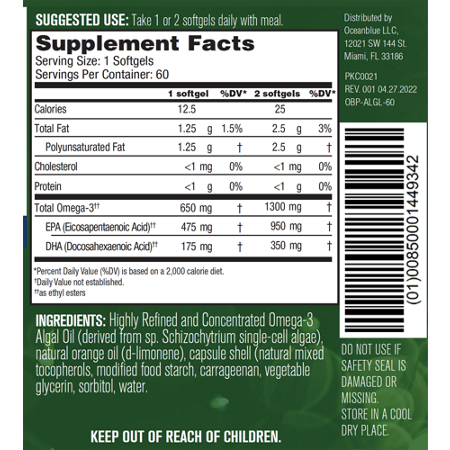 Supplement Facts label for Ocean Blue Omega 3 Heart Health Orange 60 Softgels