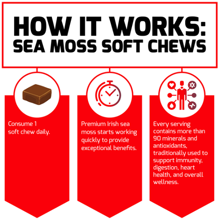 Sea moss soft chews: 1 daily, quick action.
