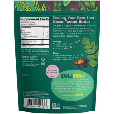 Kuli Kuli Moringa & Chaga Gummies Label