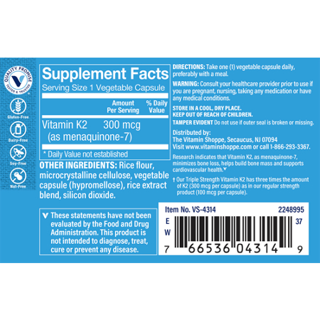 Supplement Facts label for Triple Strength Vitamin K2