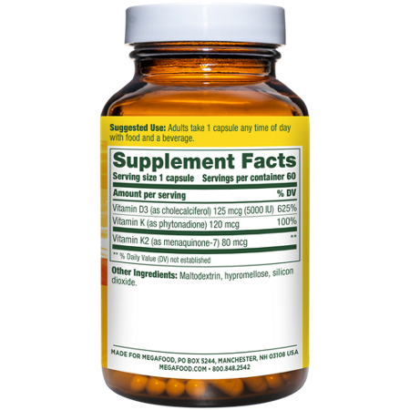 Supplement Facts label for Megafood Vitamin D3 5000 IU Plus K2 Capsules 5000 IU