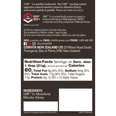 Supplement Facts label for Comvita UMF 5 Plus Manuka Honey