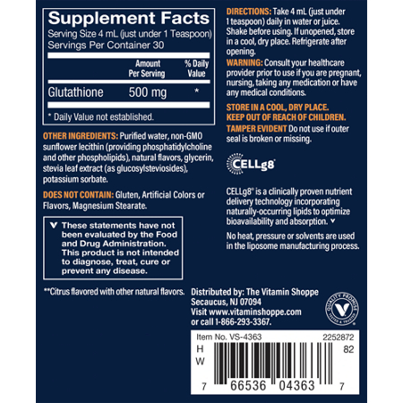 Supplement Facts label for Vthrive Liquid Liposomal Glutathione 500 MG