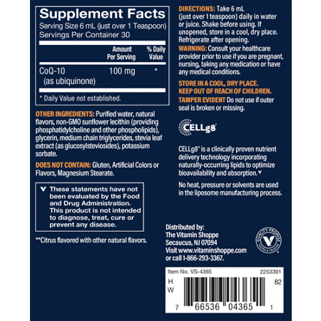 Supplement Facts for Vthrive Liquid CoQ-10 100mg Label