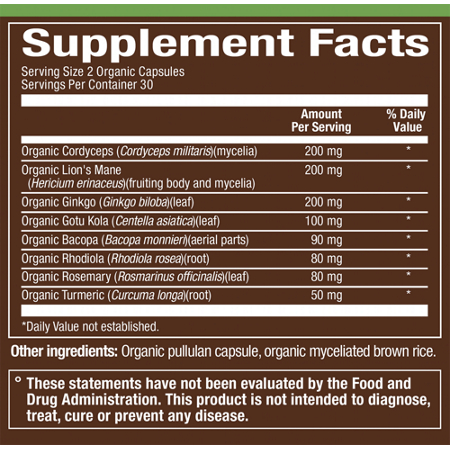 Supplement Facts label: plnt Organic Brain Support