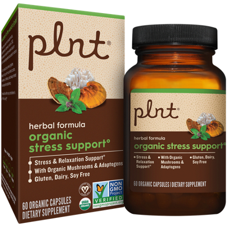 plnt Organic Stress Support Herbal Formula box and bottle front