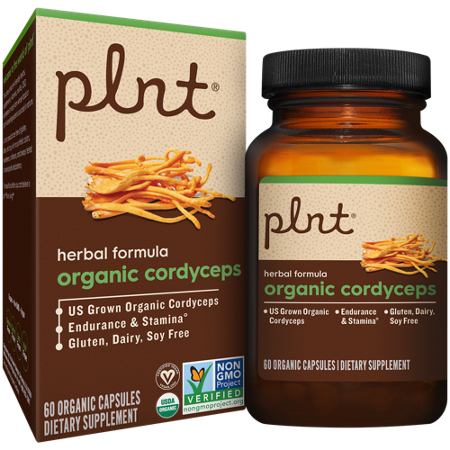 plnt Organic Cordyceps herbal formula box and bottle front