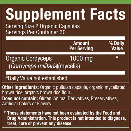 Supplement Facts label for plnt Organic Cordyceps Herbal Formula