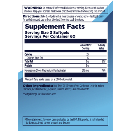 Supplement Facts label for KAL Magnesium Glycinate ActivGels 180 Softgels