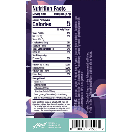 Alani Nu Energy Sticks label with 200mg Caffeine