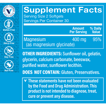 Supplement Facts label for Magnesium Glycinate 400 MG Softgels