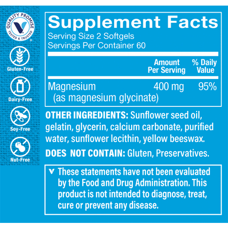 Supplement Facts label for Magnesium Glycinate 400 MG Softgels