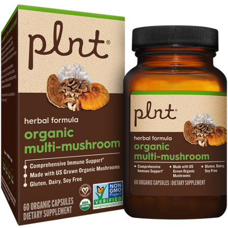 plnt Organic Multi-Mushroom capsules box and bottle front