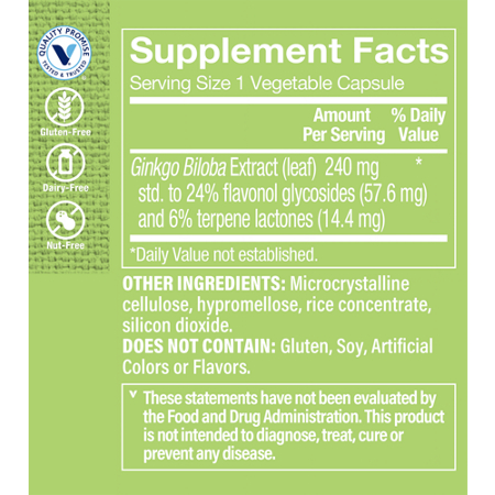 Supplement Facts label for Ginkgo Biloba Capsules 240 MG