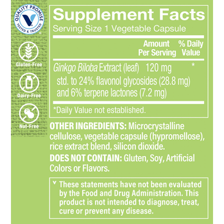 Supplement Facts label for Ginkgo Biloba Extract Memory Support 120 MG