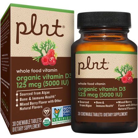 plnt Organic Vitamin D3 125 MCG 5000 IU tablets box and bottle front