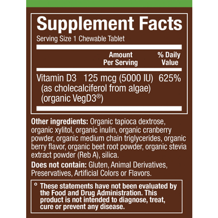 Supplement Facts label for plnt Organic Vitamin D3 125 MCG Mixed Berry
