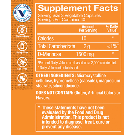 D-Mannose Supplement Facts Label, 1500 MG Capsules