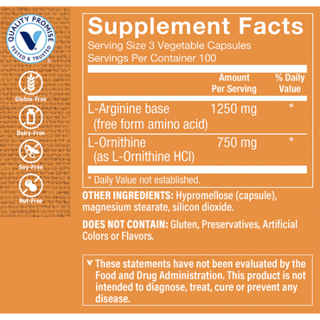 Supplement Facts label for L-Arginine-Ornithine Amino Acid 2000 MG