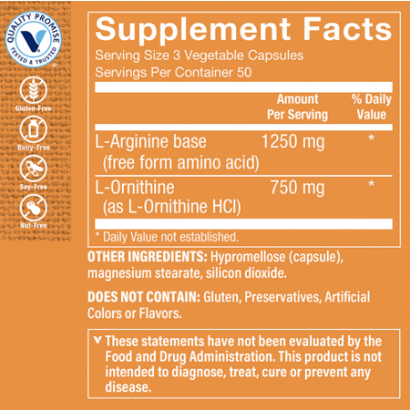 L-Arginine & Ornithine Supplement Facts, 2000 MG per Serving