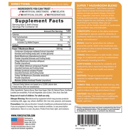 Supplement Facts label for Force Factor Modern Mushrooms Soft Chews