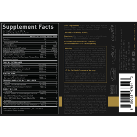 Supplement Facts label for Pre Kaged Elite Pre Workout Orange Mango