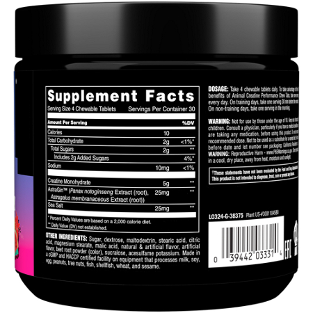 Supplement Facts label for Animal Creatine Monohydrate Chews Fruit Punch