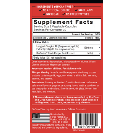 Supplement Facts label for Longjack Tongkat Ali Max Vitality Support for Men