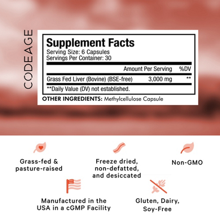 Supplement Facts label for Codeage Grass Fed Beef Liver Capsules 3000 MG