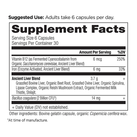 Supplement Facts label for Ancient Nutrition Grass-Fed Liver Capsules