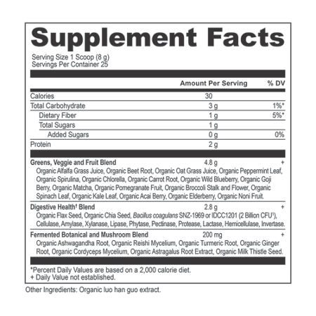 Supplement Facts label for Ancient Nutrition Organic Super Greens Powder
