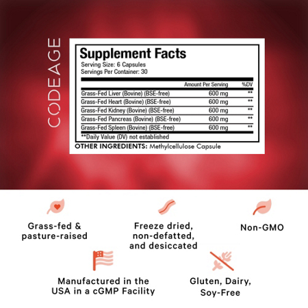 Supplement Facts label for Codeage Grass Fed Beef Organs Capsules