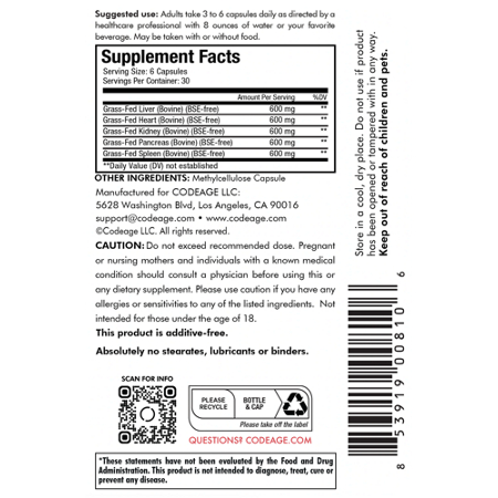 Supplement Facts label for Codeage Grass Fed Beef Organs Capsules