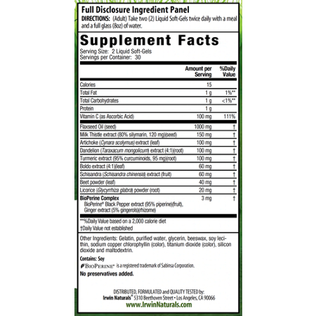 Irwin Naturals Milk Thistle Liver Detox Supplement Label