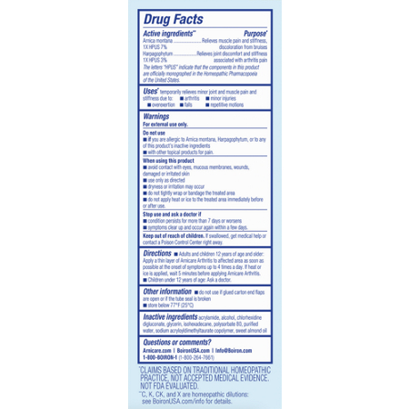 Drug Facts label for Boiron Arnicare Arthritis Cream 2.5 Ounces