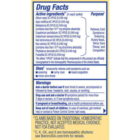 Boiron Coldcalm Drug Facts label for cold relief medicine