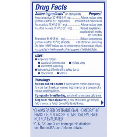 Drug Facts label for Boiron SleepCalm Homeopathic Medicine for Sleep Relief