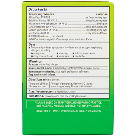 Hylands Naturals Homeopathic Seasonal Allergy Relief box back