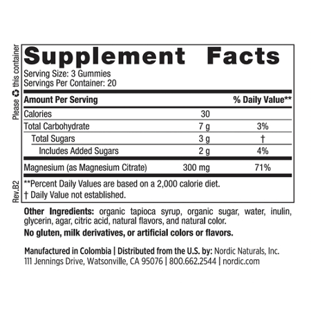 Supplement Facts label for Nordic Naturals Magnesium Gummies 300 MG