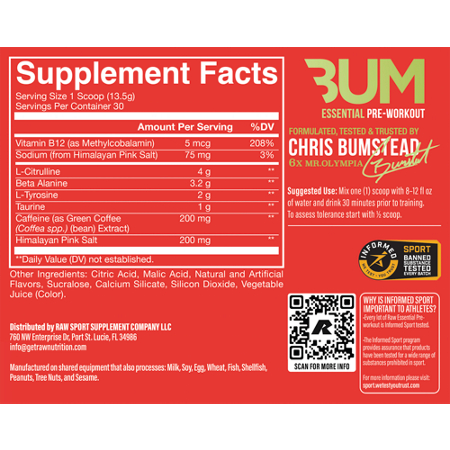 Supplement Facts label for RAW Essential Pre-Workout Sour Watermelon