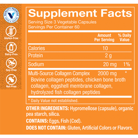 Supplement Facts label for Multi-Source Collagen Vegetable Capsules