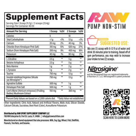 Supplement Facts label for Pump Non-Stim Raspberry Lemonade