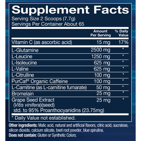 Supplement Facts label for BodyTech Energized Critical Aminos Powder Grape