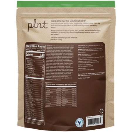 plnt Organic Meal Replacement Plant-Based Protein Powder Chocolate bag back