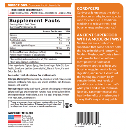 Supplement Facts label for Force Factor Modern Mushroom Cordyceps Soft Chews