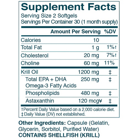 Supplement Facts label for Kori Pure Antarctic Krill Oil Omega-3