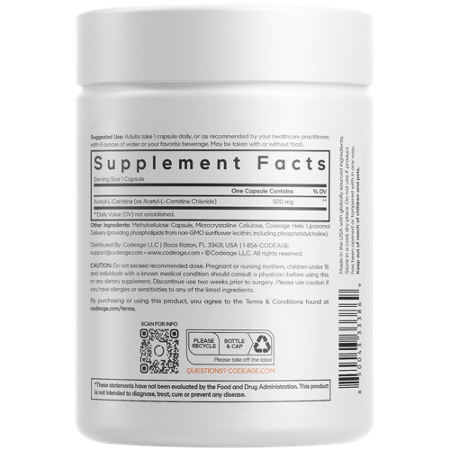 Supplement Facts label for Codeage Acetyl L-Carnitine Capsules 500 MG