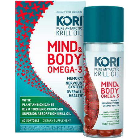 Kori Mind & Body Omega 3 Krill Oil box and bottle front