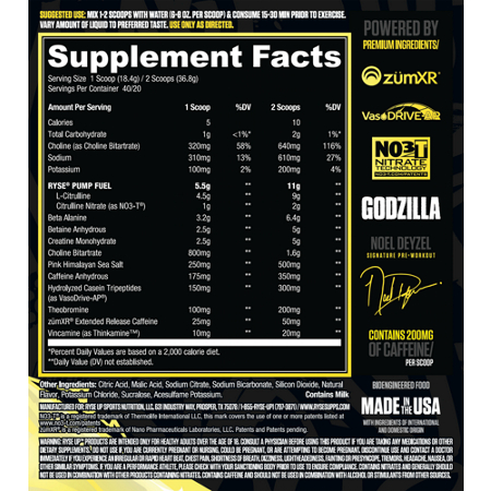 Supplement Facts label for Godzilla Pre-Workout Passion Pineapple