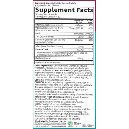 Supplement Facts label for Garden of Life Hair Growth Capsules Lemon